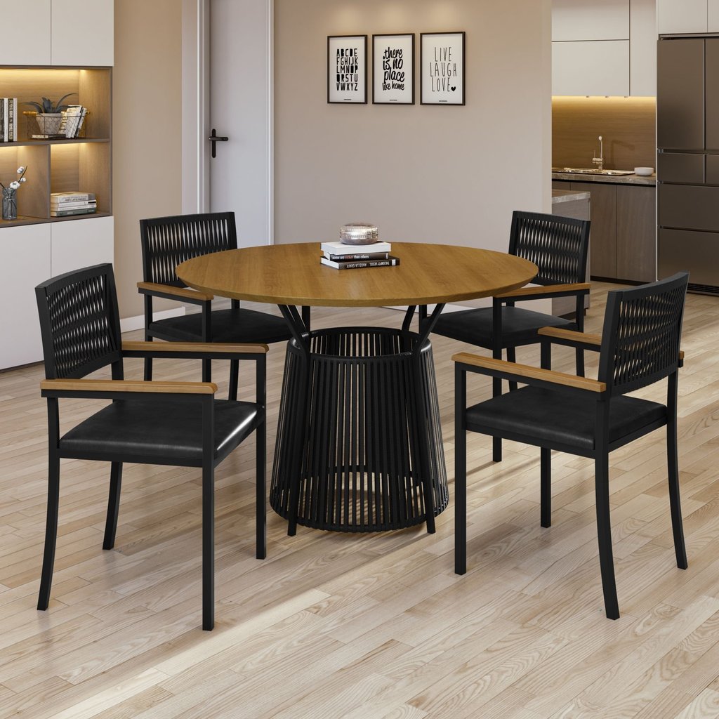 Conjunto Sala de Jantar 4 Lugares Redonda 120cm Tampo Mdf Mesa Roma com Cadeiras Barcelona com Braço