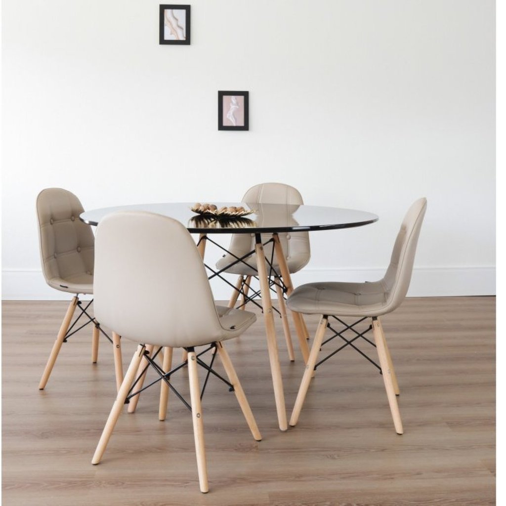 Conjunto Sala de Jantar Mesa Eiffel Redonda 120cm Tampo MDF com 4 Cadeiras Eiffel Botonê  Nude