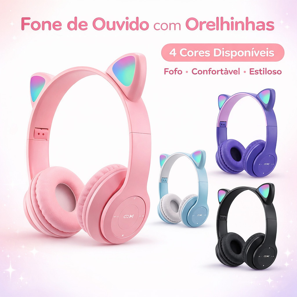 Fone de ouvido Bluetooth sem fio Infantil Orelha Gatinho, com redução de ruído e LED colorido