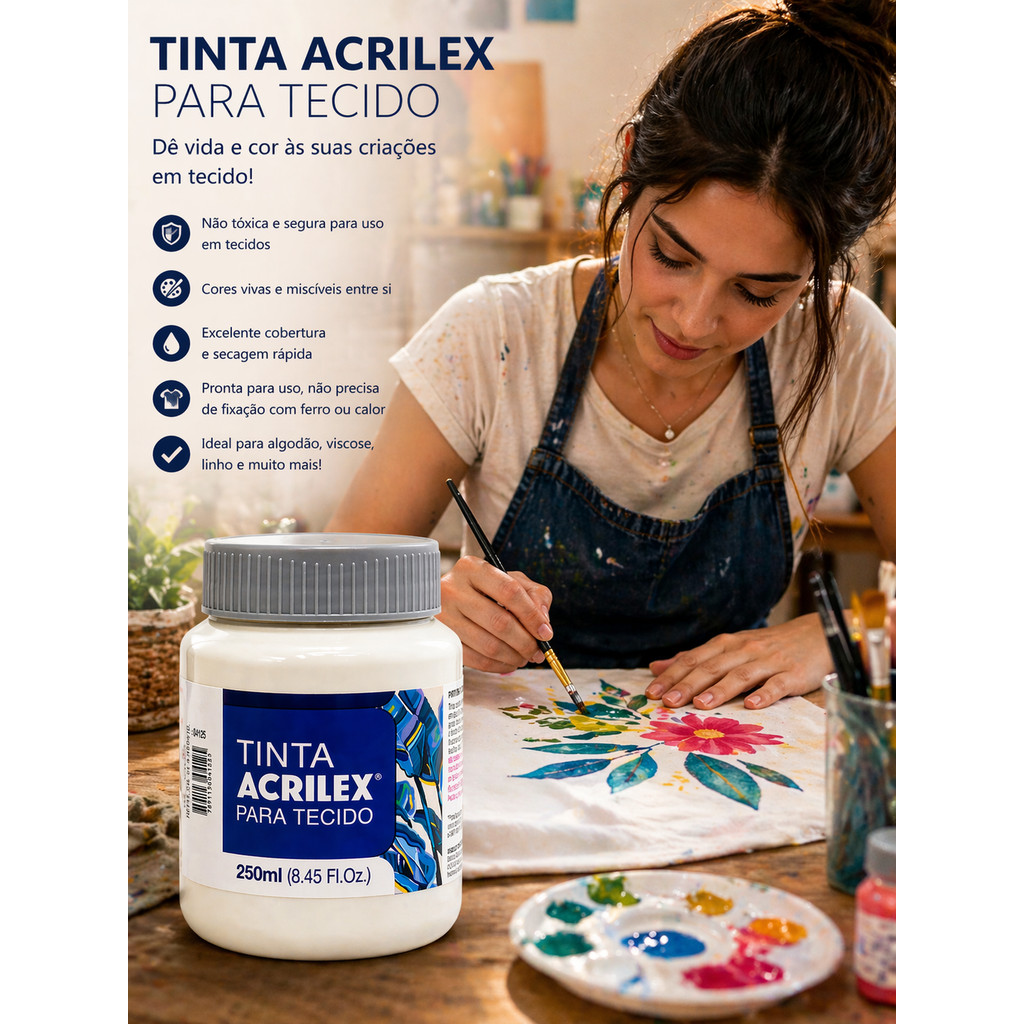 Tinta Acrilex para Tecido 250ml Branca Secagem Rápida Alta Cobertura · foto 2