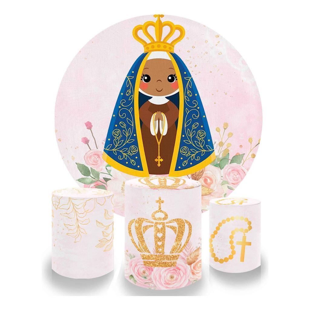 Kit Capa Painel Redondo + Trio Cilindro Tema Nossa Senhora Aparecida Festa Religiosa Comemoração