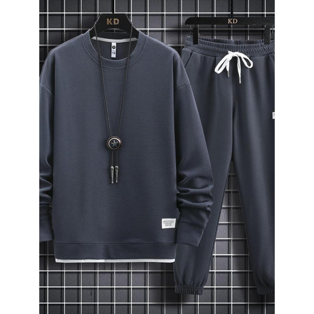 Waffle terno esportivo de manga comprida moletom masculino Casual um conjunto roupas primavera outono na moda solto tama