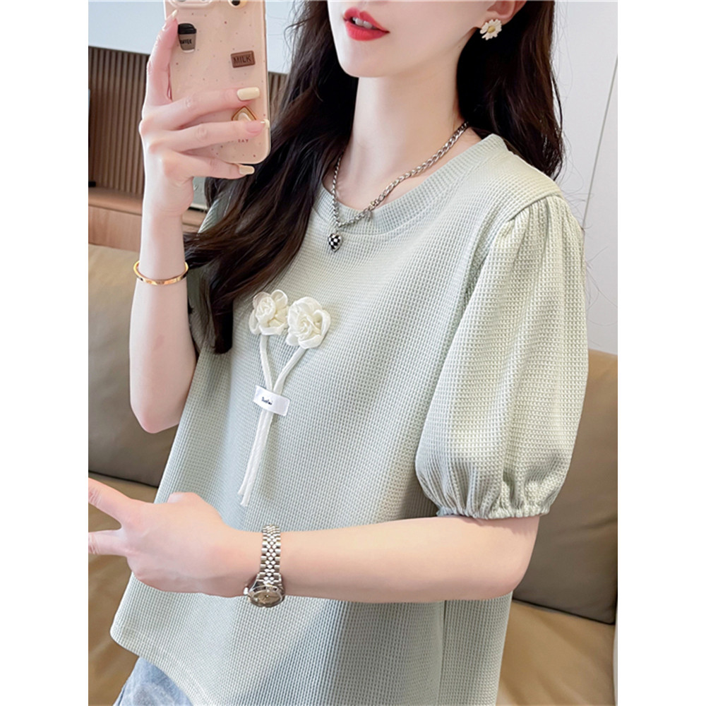 Waffle camiseta feminina de manga curta verão 2025 novo estilo versão coreana solta tamanho grande Design nicho All-Matc
