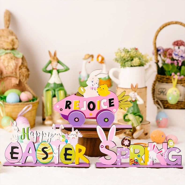 H3 Novos produtos Decorações de Páscoa Decorações de coelho de Páscoa Roxo Letras coloridas de madeira Decorações de mes