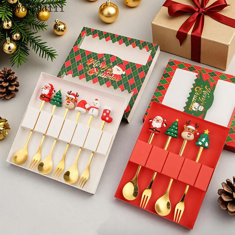 (duyonglin111) 1/2/4/6 Pcs Colher De Aço Inoxidável Sobremesa De Natal Garfo De Bolo Desenho Animado Árvore Alce Caixa D