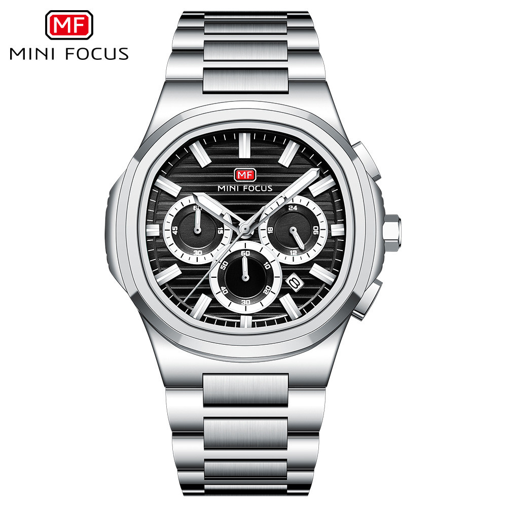 MINI FOCUS Moda Negócios Multifuncional Quartzo Calendário Luminoso Pequeno Relógio Masculino com Banda de Aço de Três M