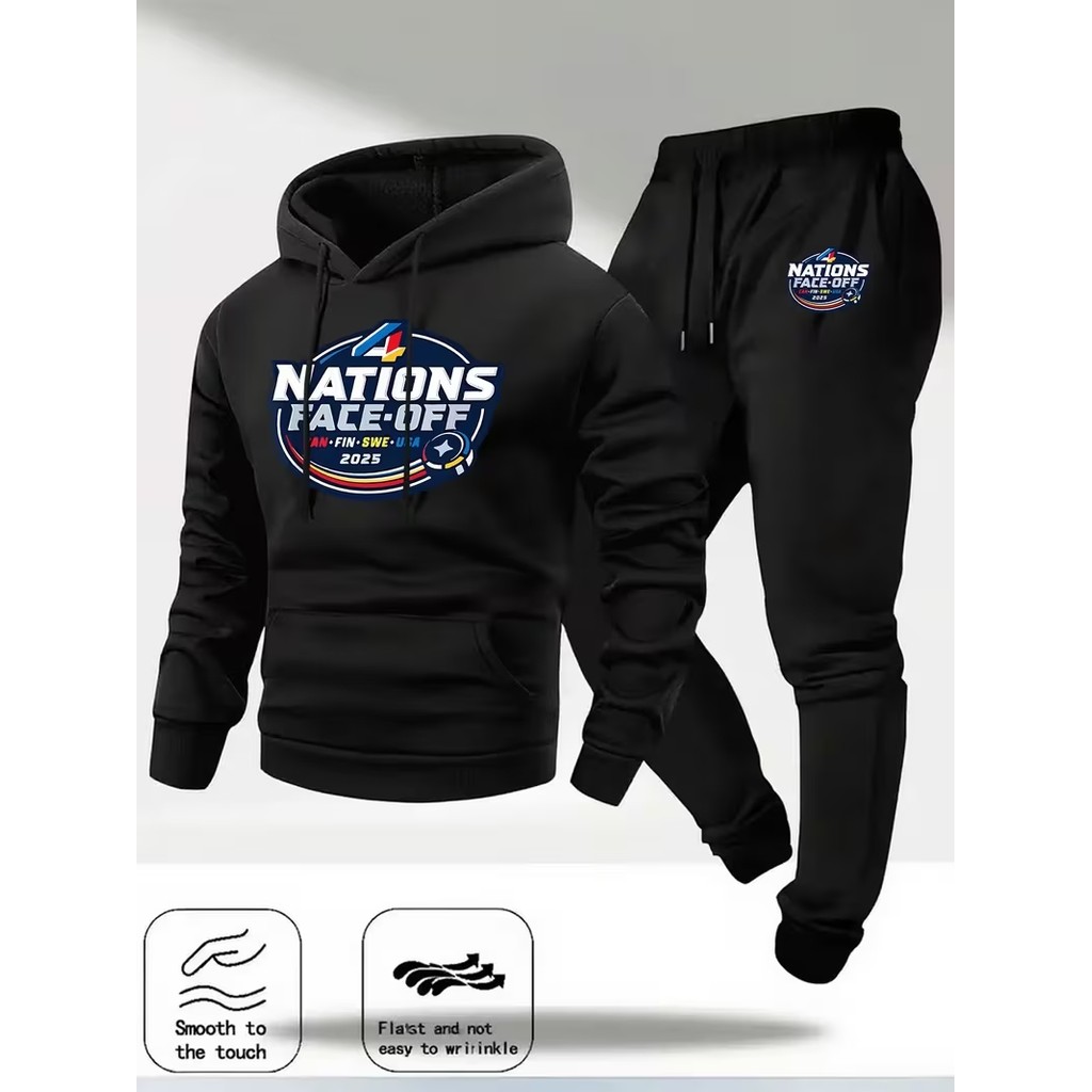 Conjunto Moletom Masculino Nations Blusa De Frio Canguru Bolso e Capuz + Calça Moletom Estampados Unissex Outono/Inverno