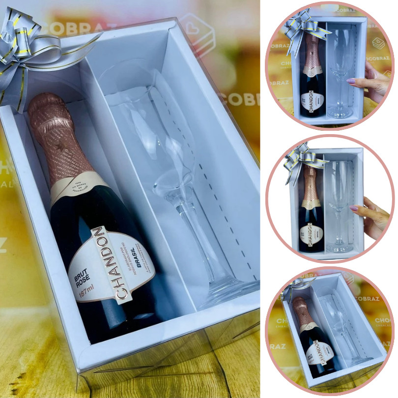 05-25 Caixa BRANCA MINI CHAMPANHE com visor DIVISÓRIA e Taça ASSK (CHOCO)