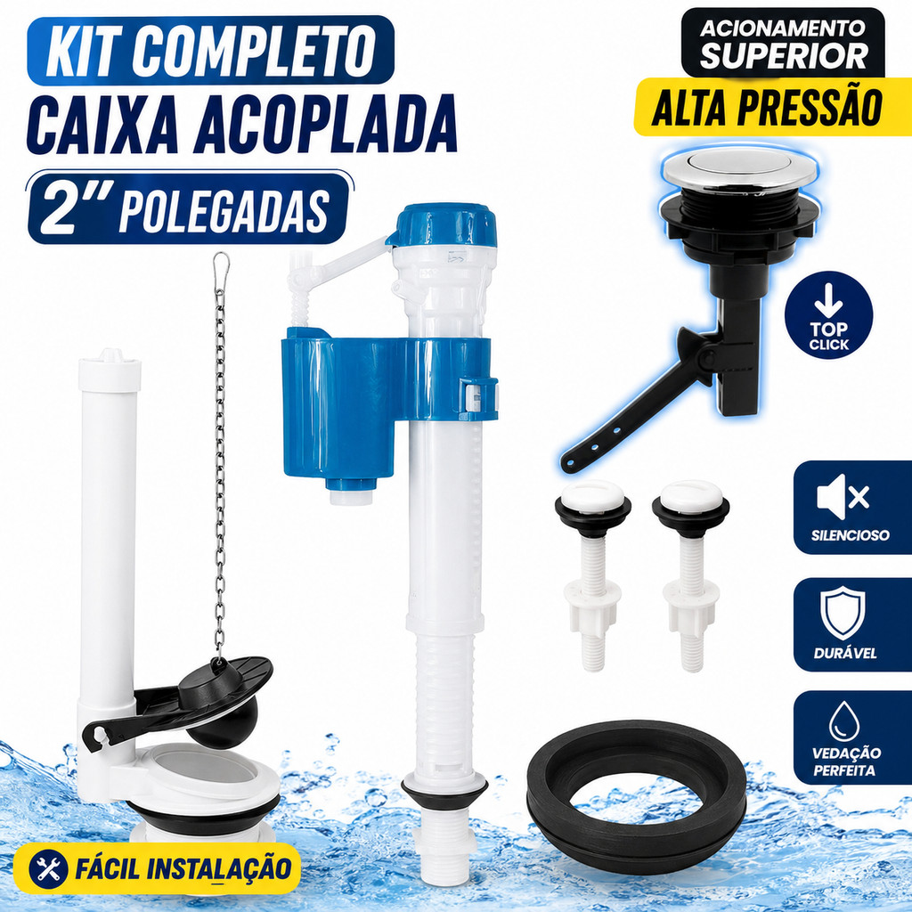 Kit Completo Mecanismo Universal Reparo Caixa Descarga Acoplada Acionamento Superior Banheiro
