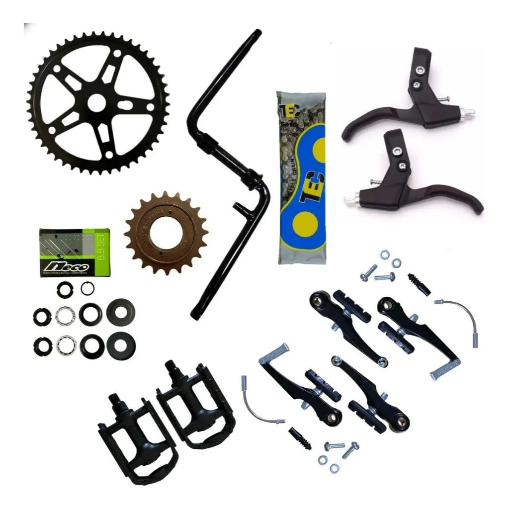 Kit Transmissão Completa P/ Pedivela Monobloco Bike Aro 26 ou 24 Sem Marcha e Jogo de Freios V-Brake