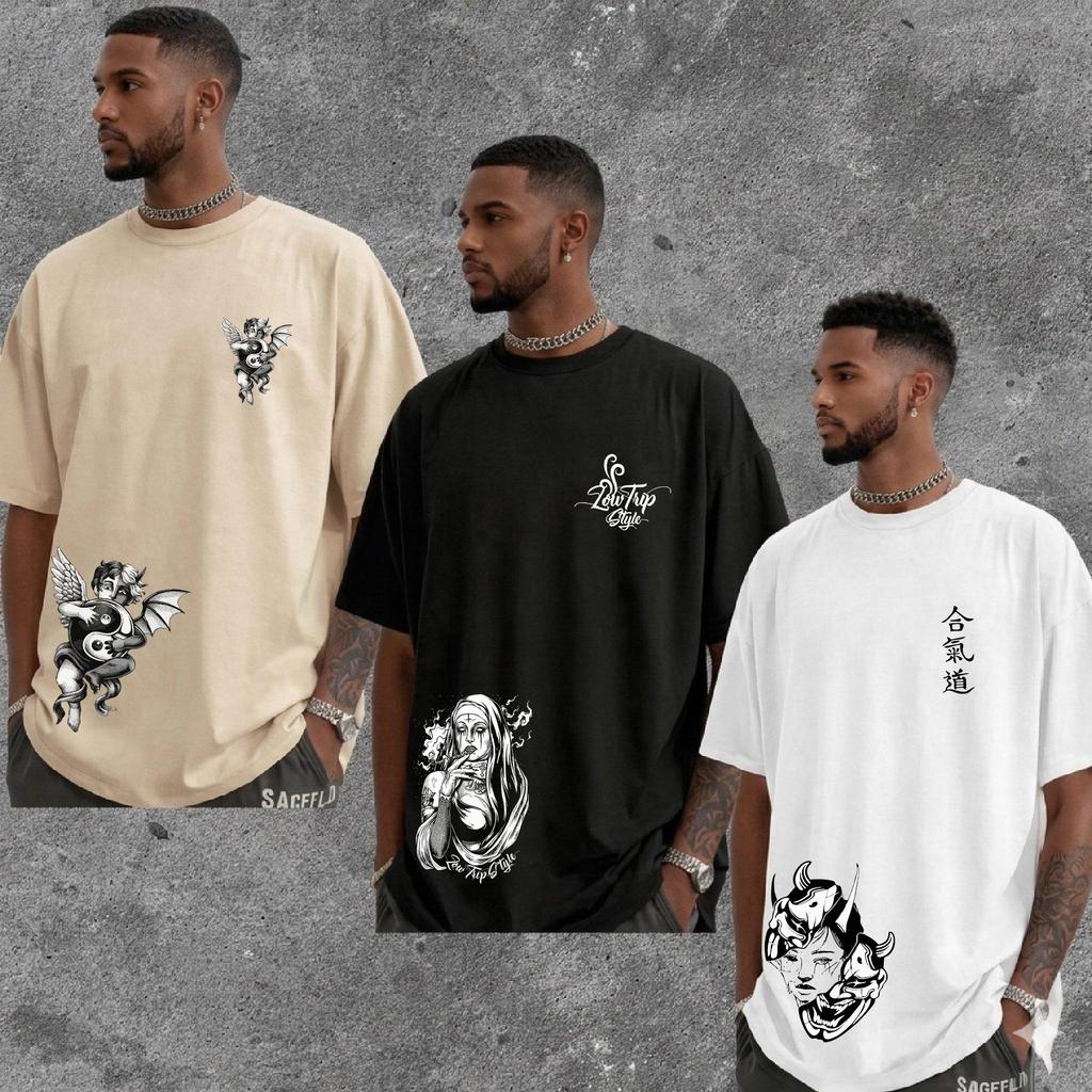 Kit 3 peças Camiseta Masculina Algodão Premium Adulto Plus Size Infantil Streetwear Freira Anjo Bem mal Carranca Lado