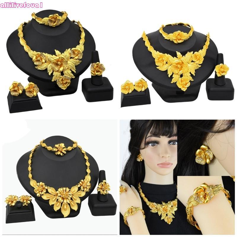 allilivefoua1 Conjunto De Joias De Noiva Elegantes Com Colar Elegante E Brincos De Clipe Em Ouro , Roupas , Acc