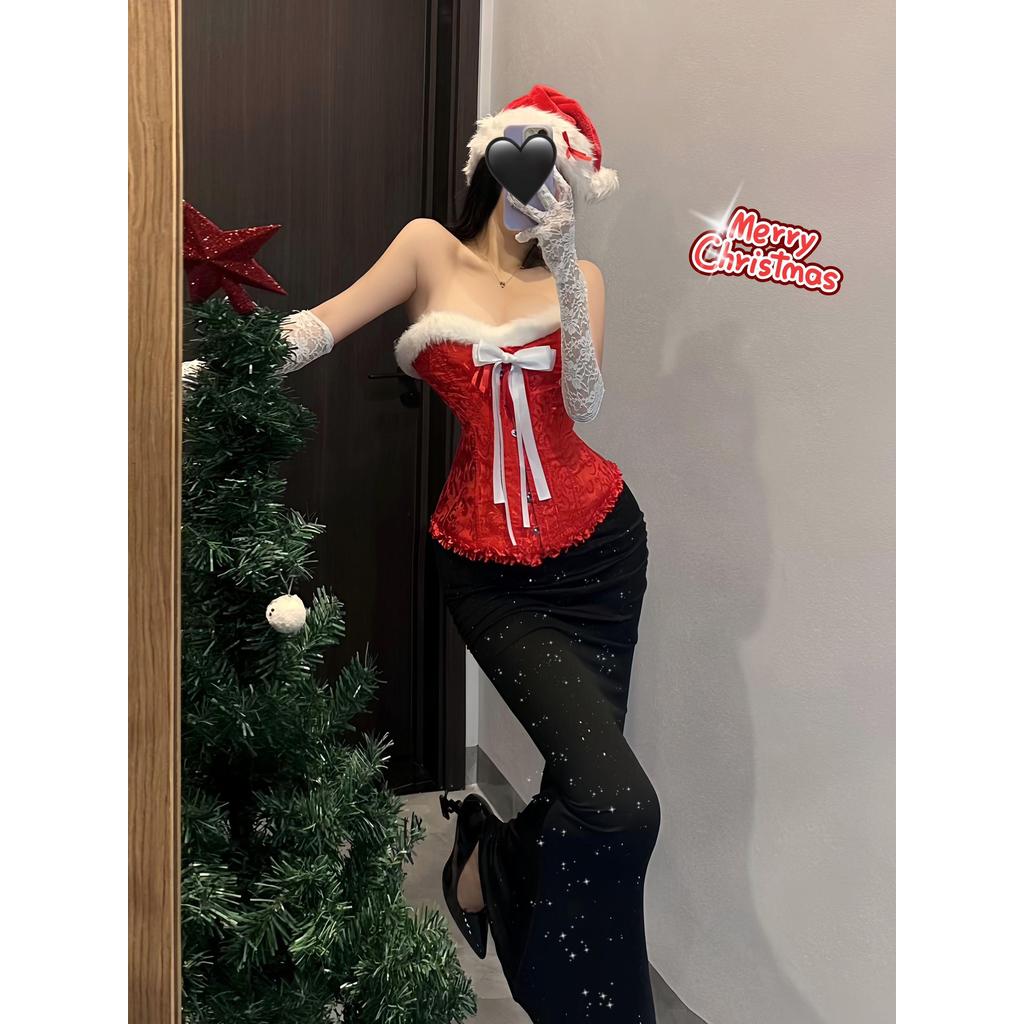 Preto véspera de natal * Original natal Sexy irmã real rainha espartilho fino ajuste Hip-embalado Fishtail saia piscando