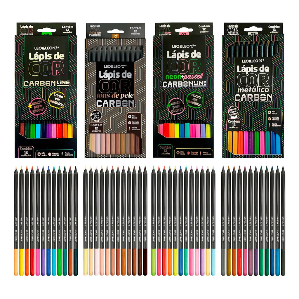 48 Lápis De Cor Carbon Tons Pele Neon Pastel Metálico Leo
