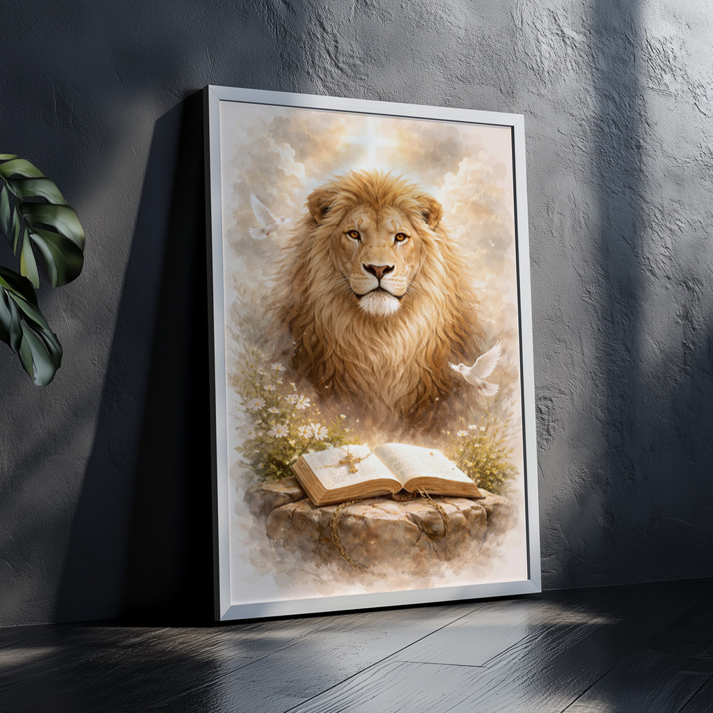 Imagem Quadro Com Moldura Leão Bíblia Jesus Arte Religiosa Cristã Fé Luz Espiritual