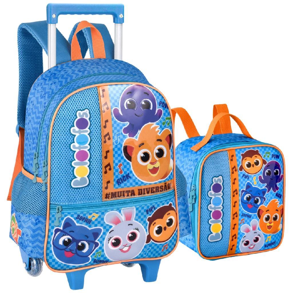 Kit Mochila De Rodinha Escolar E Lancheira Termica Infantil Bolofofos Oficial Azul
