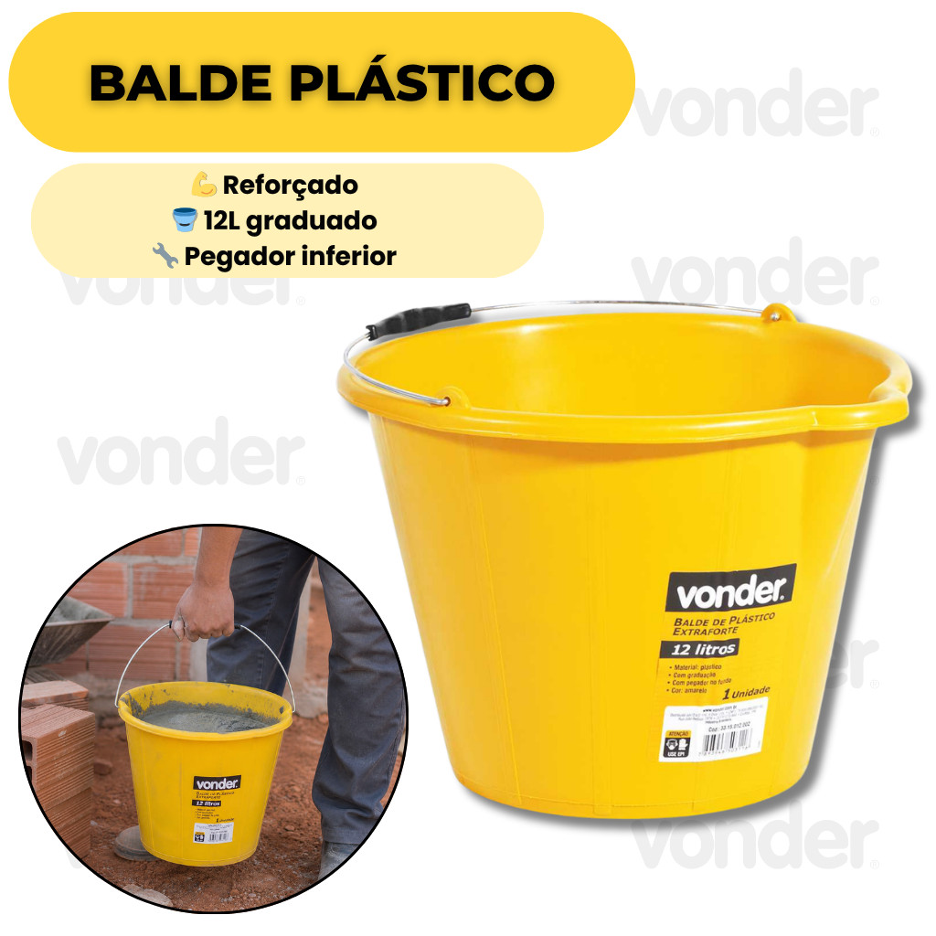 Balde Plástico 12L Vonder Extraforte Amarelo Construção Civil Reforçado Resistente Durável