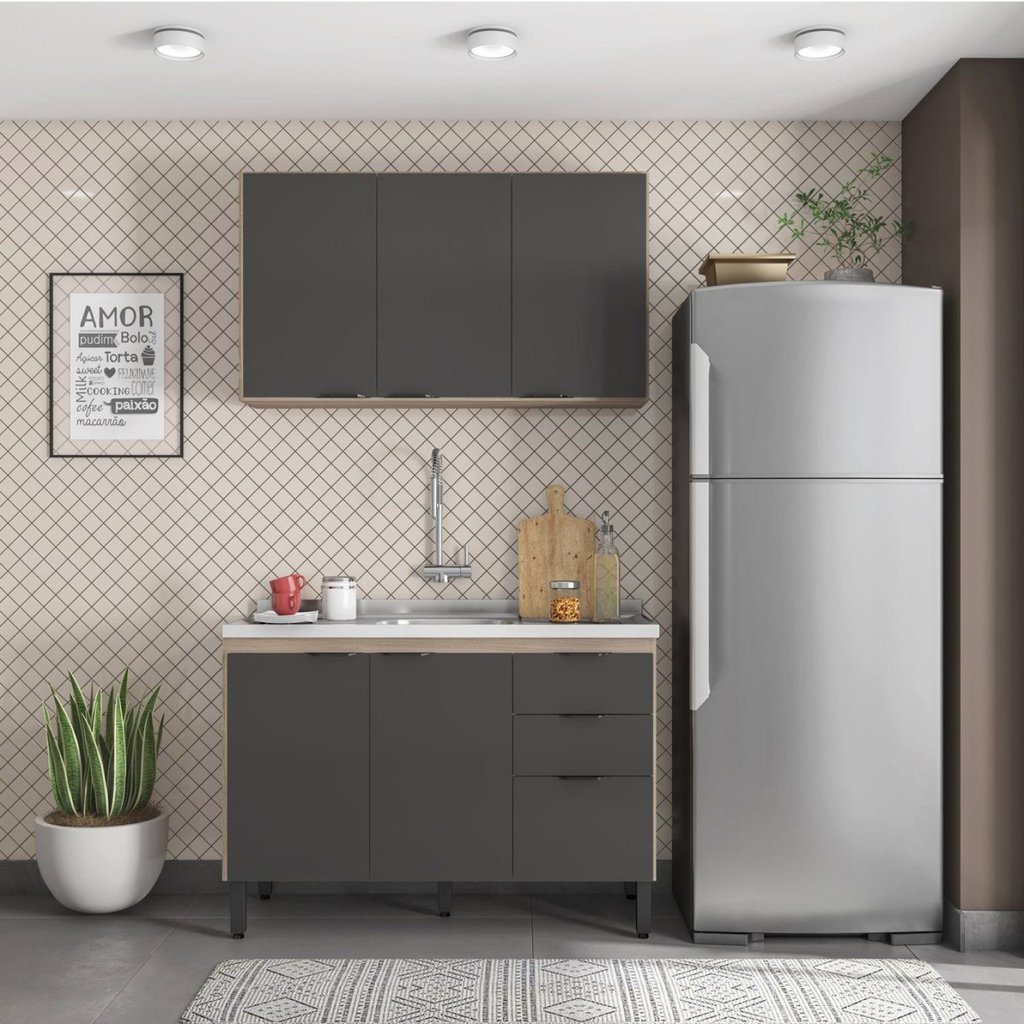 Cozinha Compacta Modulada Firenze 02 Peças 06 Portas 02 Gavetas Cinza/Avena Touch/Grafito Avena/Grafito