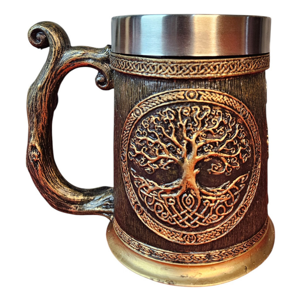 Caneca Medieval Artesanal  Árvore da Vida em Resina em Aço Inox Grande Térmico Chopp Cerveja 600ml