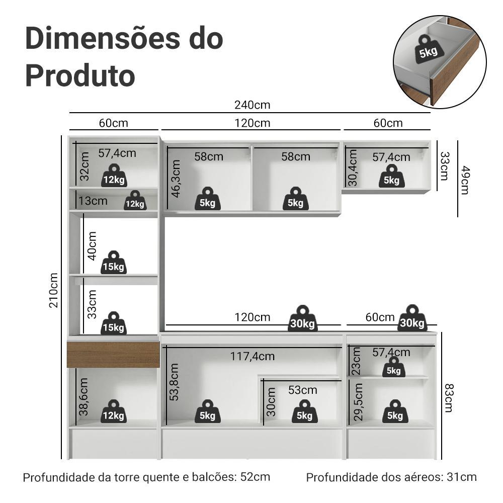 Armário de Cozinha Completa Madesa Diamante com Balcão e Tampo - Branco/Rustic