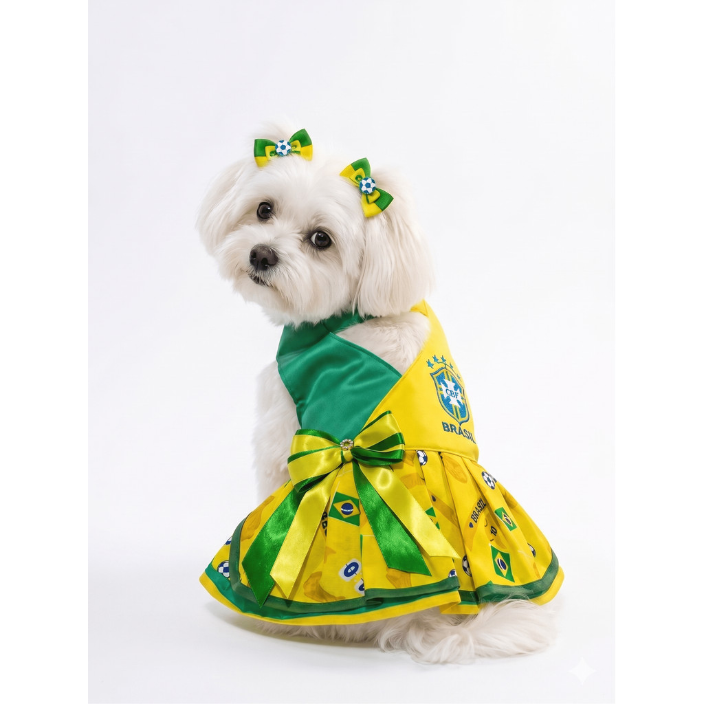 Roupa Pet Vestido Verde e Amarelo Bordado p/ Cachorro e Gato - Look Torcida