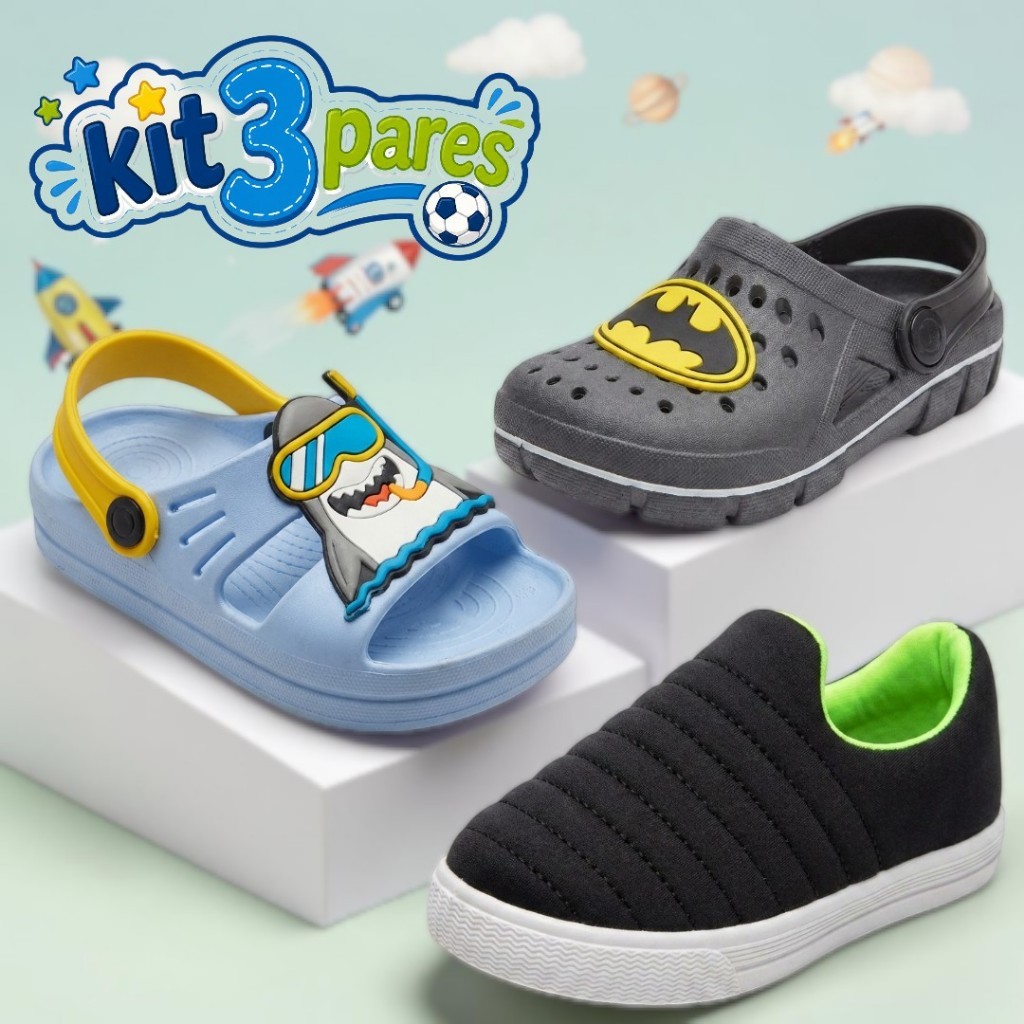 Kit 3 Pares Menino Infantil Babuche + Papete + Calce Fácil Estilo e Conforto