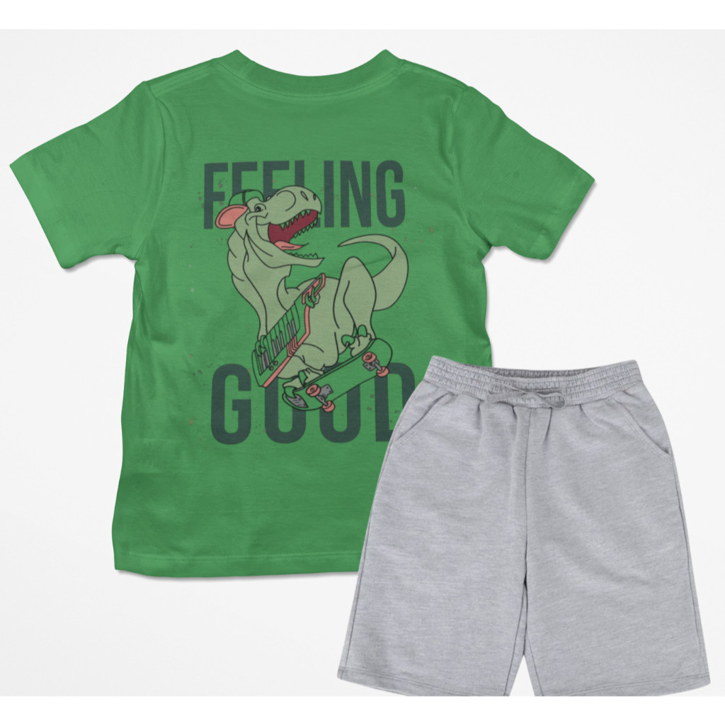 Conjunto Premium Infantil Camiseta Bermuda Masculino Meninos Bous Feeling Good Dinossauro Lançamento
