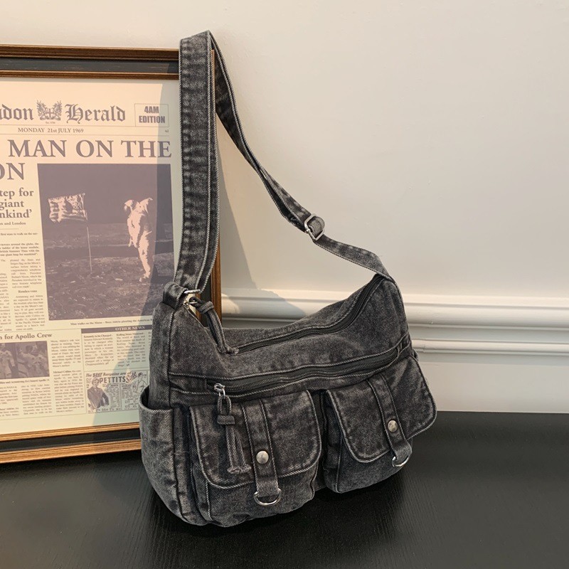 Bolsa transversal elegante, bolsa jeans moderna, bolsa de viagem com vários bolsos