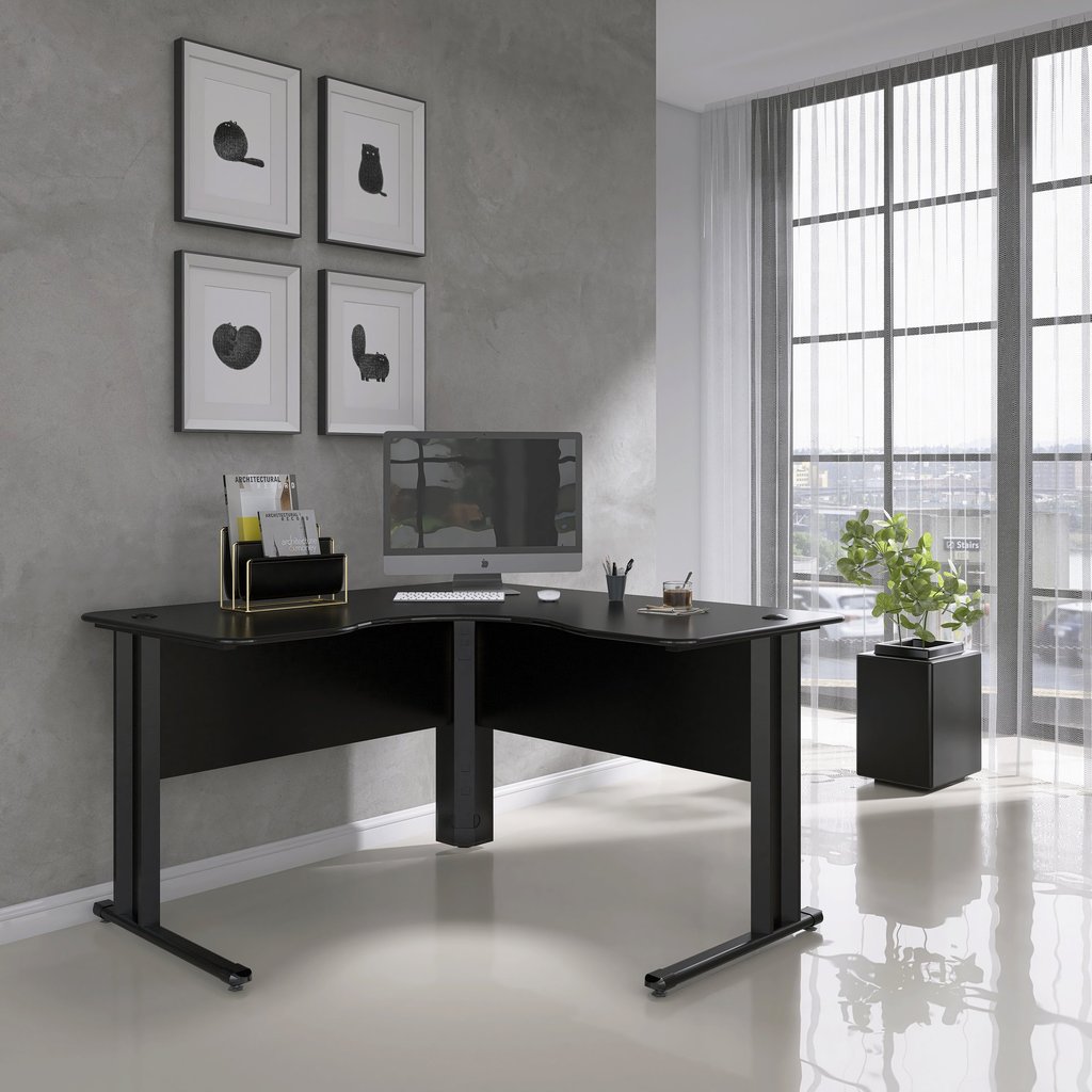 Estação de Trabalho Mesa Plataforma Escritório em L com Passa Fio Maxxi 140cm Preto Preto
