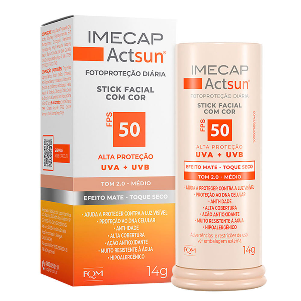 Protetor Solar Imecap Actsun Stick Facial Efeito Matte FPS 50 Cor Tom 2.0 Médio 14g