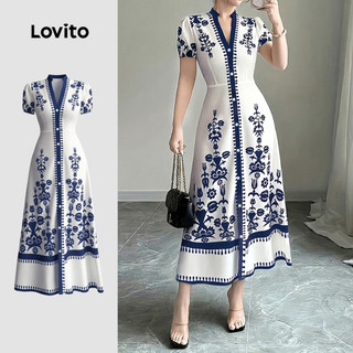 Lovito Elegante Padrão de Vestido Estilo Resort Primavera/verão Vestido Azul e Branco para mulheres LK4LD325
