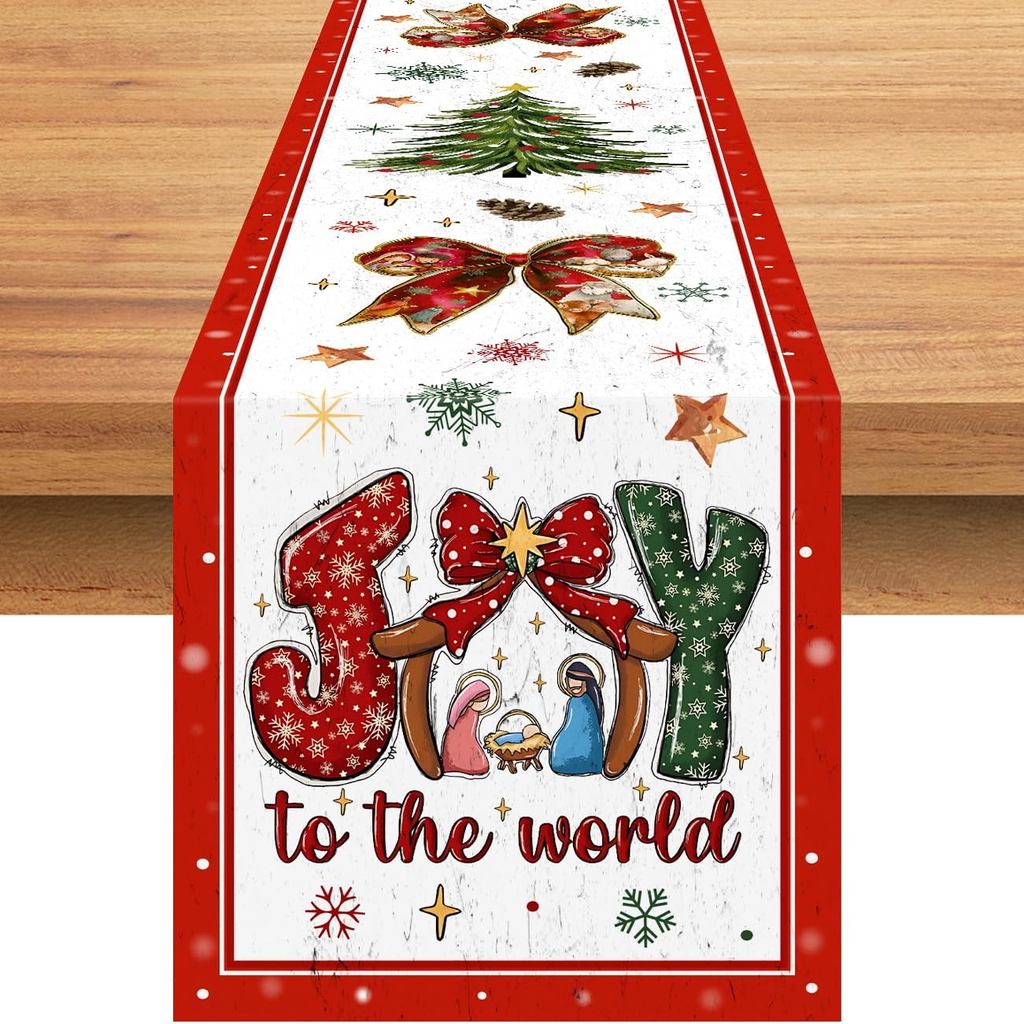 Caminho de Mesa de Natal, Caminho de Mesa "Jesus Joy to The World", Capa de Mesa com Laço e Árvore de Natal, Decorações