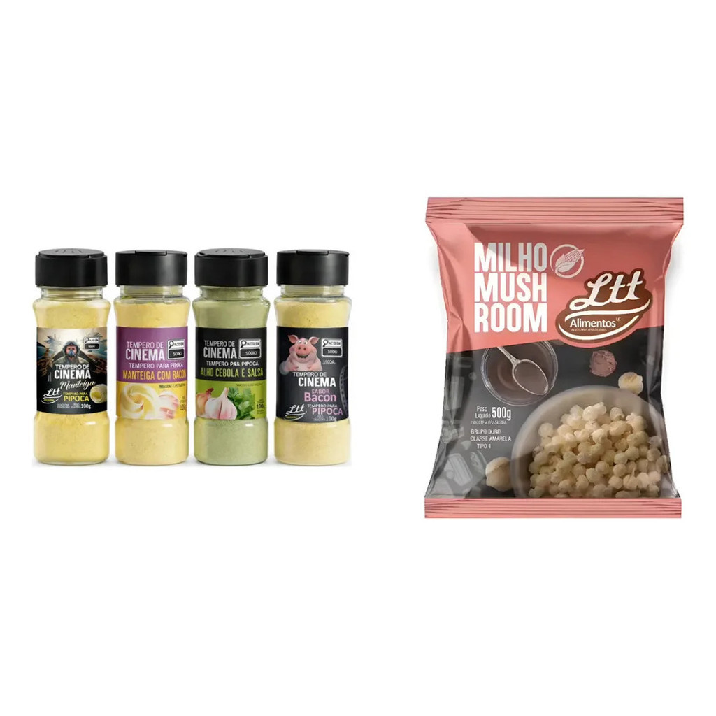 Kit Pipoca Gourmet: Tempero De Pipoca 4 Sabores 100g Cada + Milho Pipoca Mushroom Doce 1kg - OFICIAL