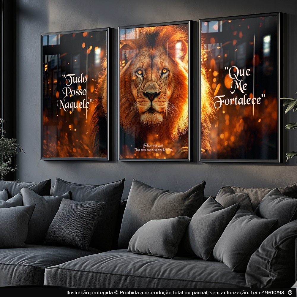 Quadro Decorativo Trio Religioso Tudo Posso Leão Fé Versículo Bíblico Sala Quarto Escritório