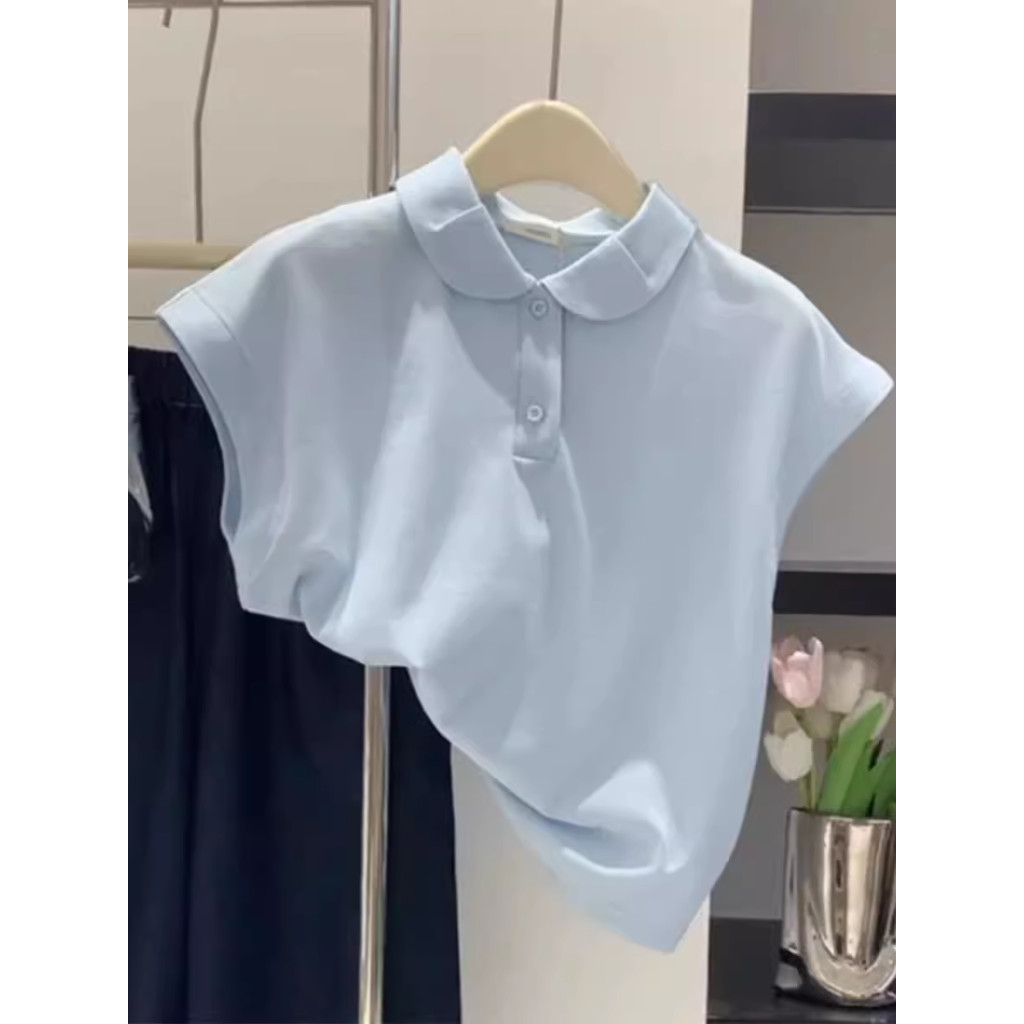 Golpe de produtos Niu X!Céu azul gola Polo de manga curta topo feminino solto colete manga voadora camisa pequena primav