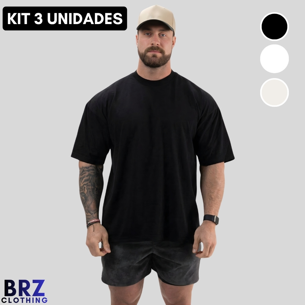 kit 3 camisetas oversized masculinas algodao premium lisa basica streetwear manga curta gola canelada malha leve macia