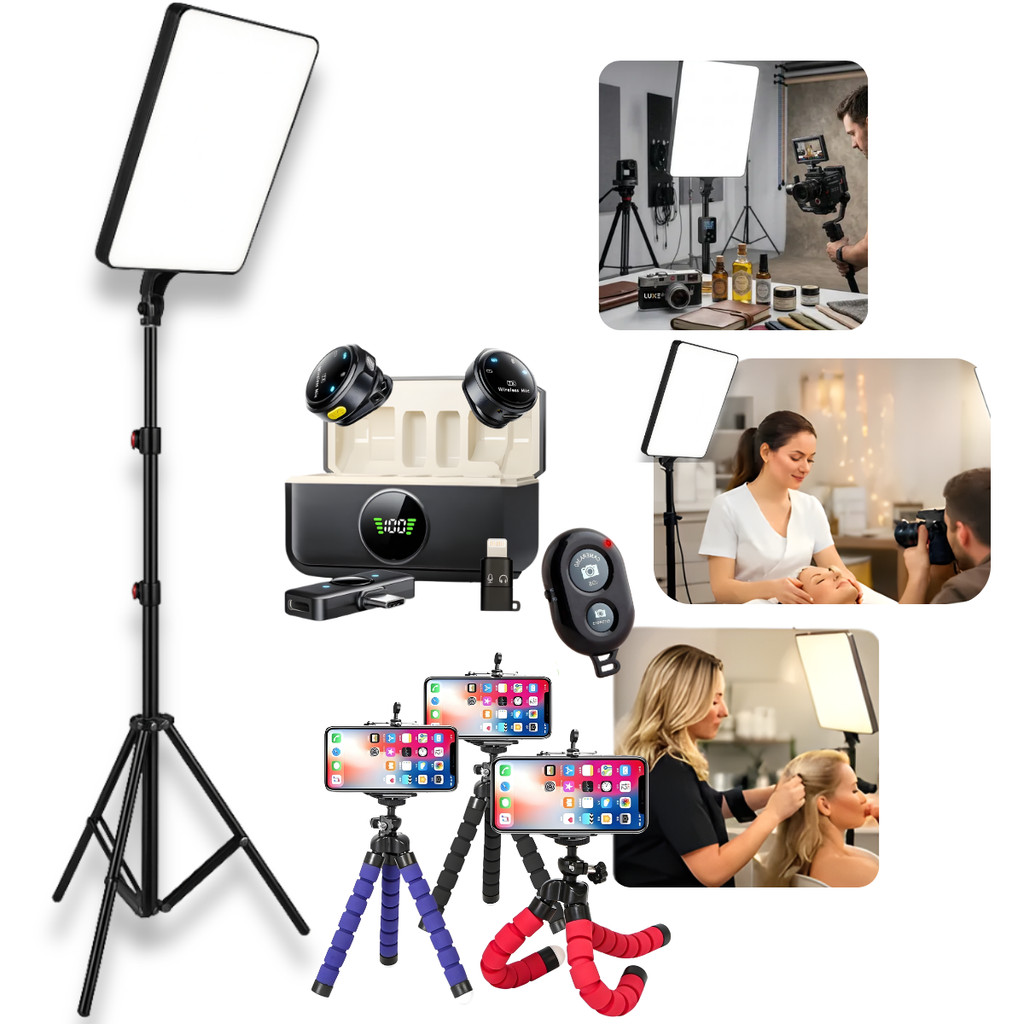 Ring Light  Kit Youtuber Luz Quadrada Microfone Sem Fio Tripé Para Celular Grave Como Profissional