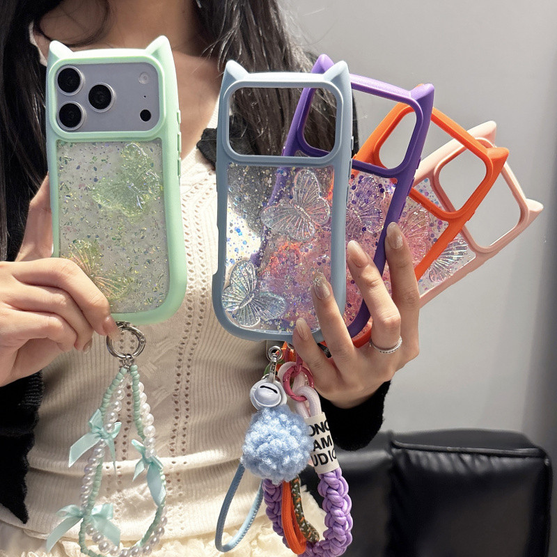 Ins Cute Cat Ear 3D Butterfly Glitter Lantejoulas Capa De Cordão Transparente Para iPhone 17 Pro Max 16 15 14 13 12 Plus
