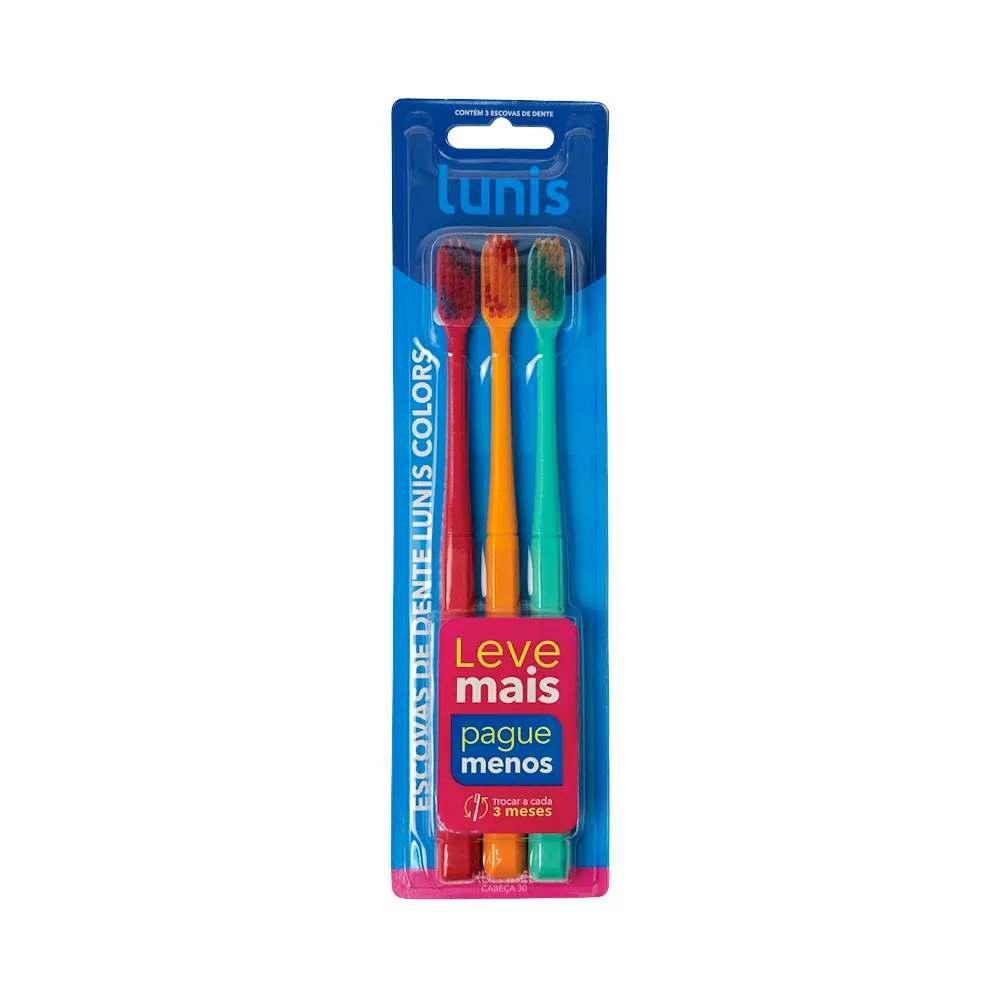 ESCOVA DE DENTE LUNIS COLORS MÉDIA 3 UNIDADES