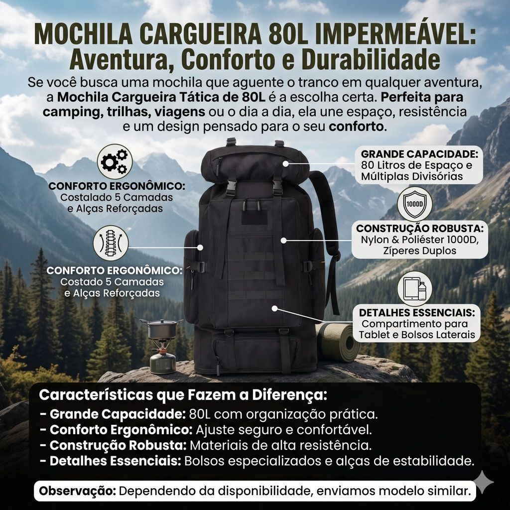 Mochila Cargueira 80L Impermeável para Trilha e Camping Montanismo Viagens Aventuras