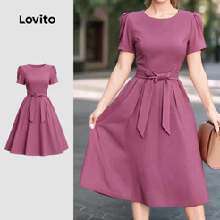 Lovito Vestido elegante com cinto clássico e versátil vestido rosa primavera/verão para mulheres LK3LD510