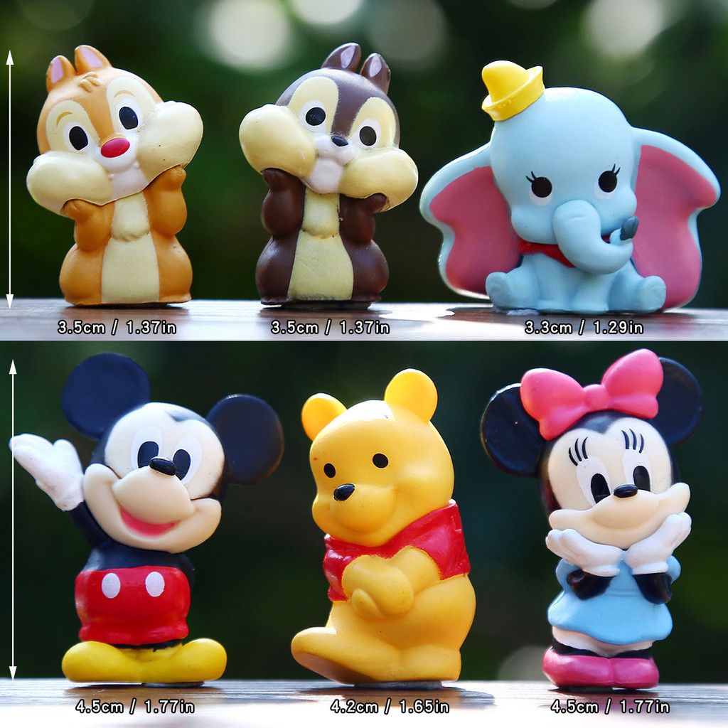 Conjunto de 6 peças de personagens de desenhos animados em versão Q: Mickey Mouse, Minnie, Chip 'n' Dale, Esquilo, Winni