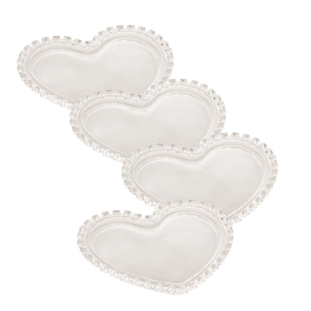 Kit 4 Prato Sobremesa Cristal De Chumbo Coração 18x15,5x2cm Lyor