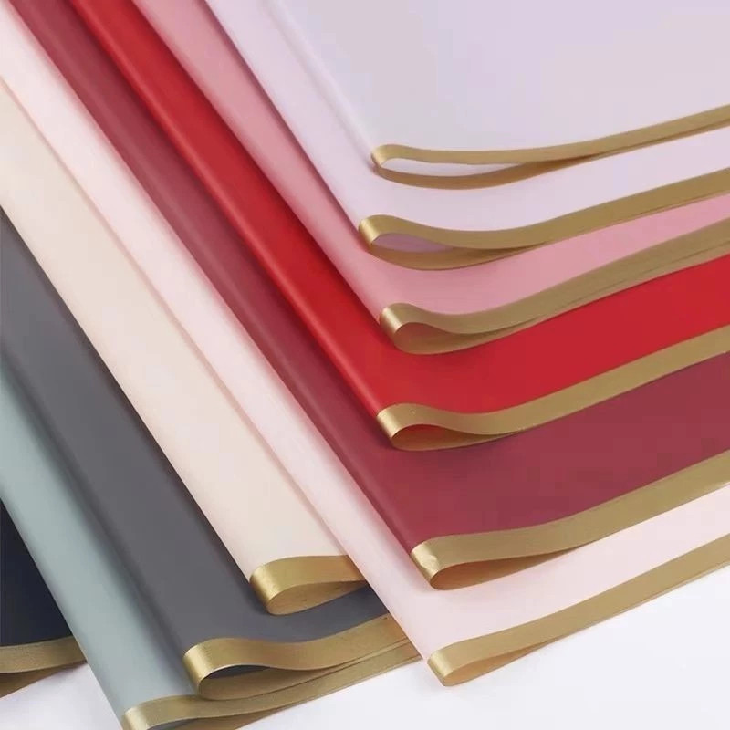 Kit Com 20/40 Poli Sujinho Decorado Border Line Dourado 54cm x 56cm Folhas Papel De Embrulhar Buque Embalagem Presente