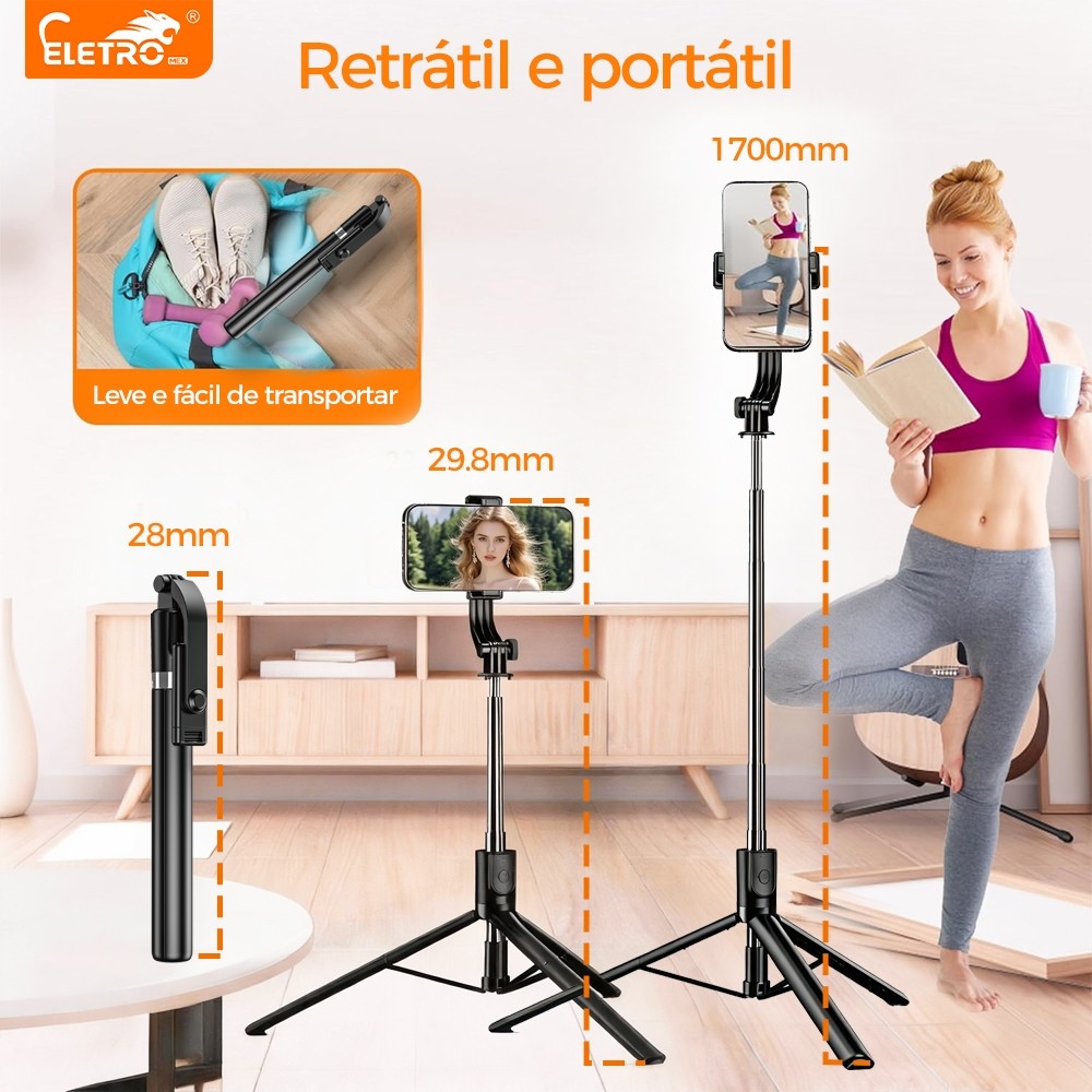 Tripé para Selfie de celular, controle remoto Bluetooth, suporte portátil para viagem de 1.7 m/1.3 m/1 m