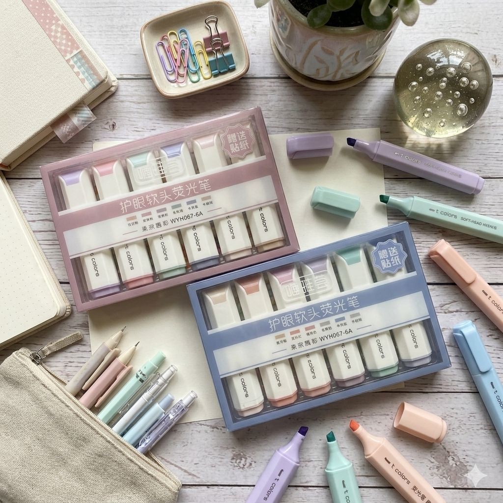 Marca Texto Pastel 6 Cores Ponta Macia Kit com Adesivos Ideal para Estudos