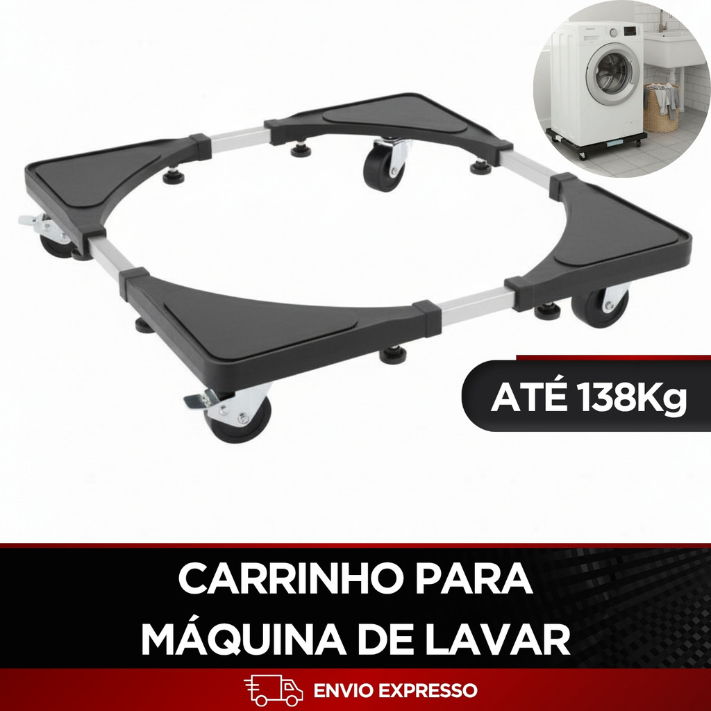Imagem Carrinho Suporte Ajustável 138 kg p/ Geladeira Fogão Máquina Lavar c/ Rodinhas Freio Alumínio