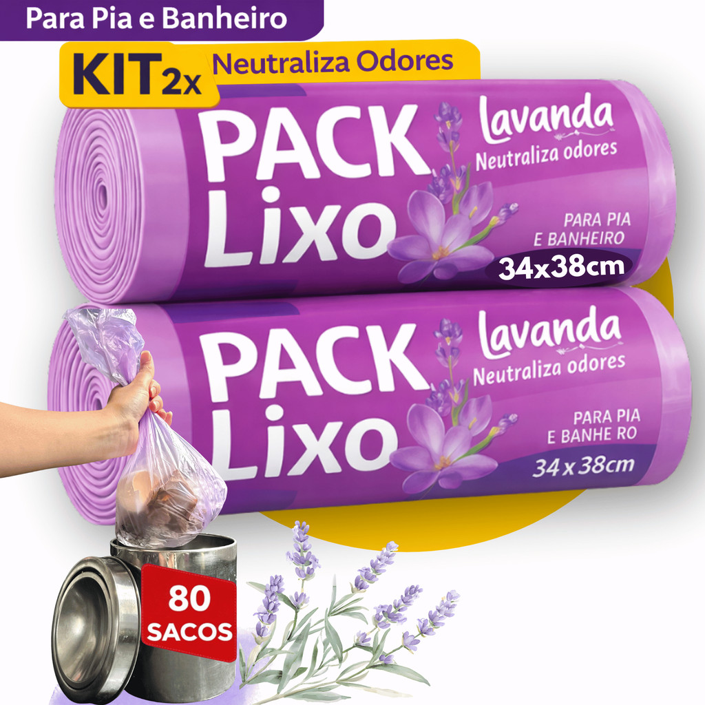Sacos de Lixo Perfumados Lavanda | Kit 80 Sacos | Para Pia e Banheiro | 34x38cm | Neutraliza Odores