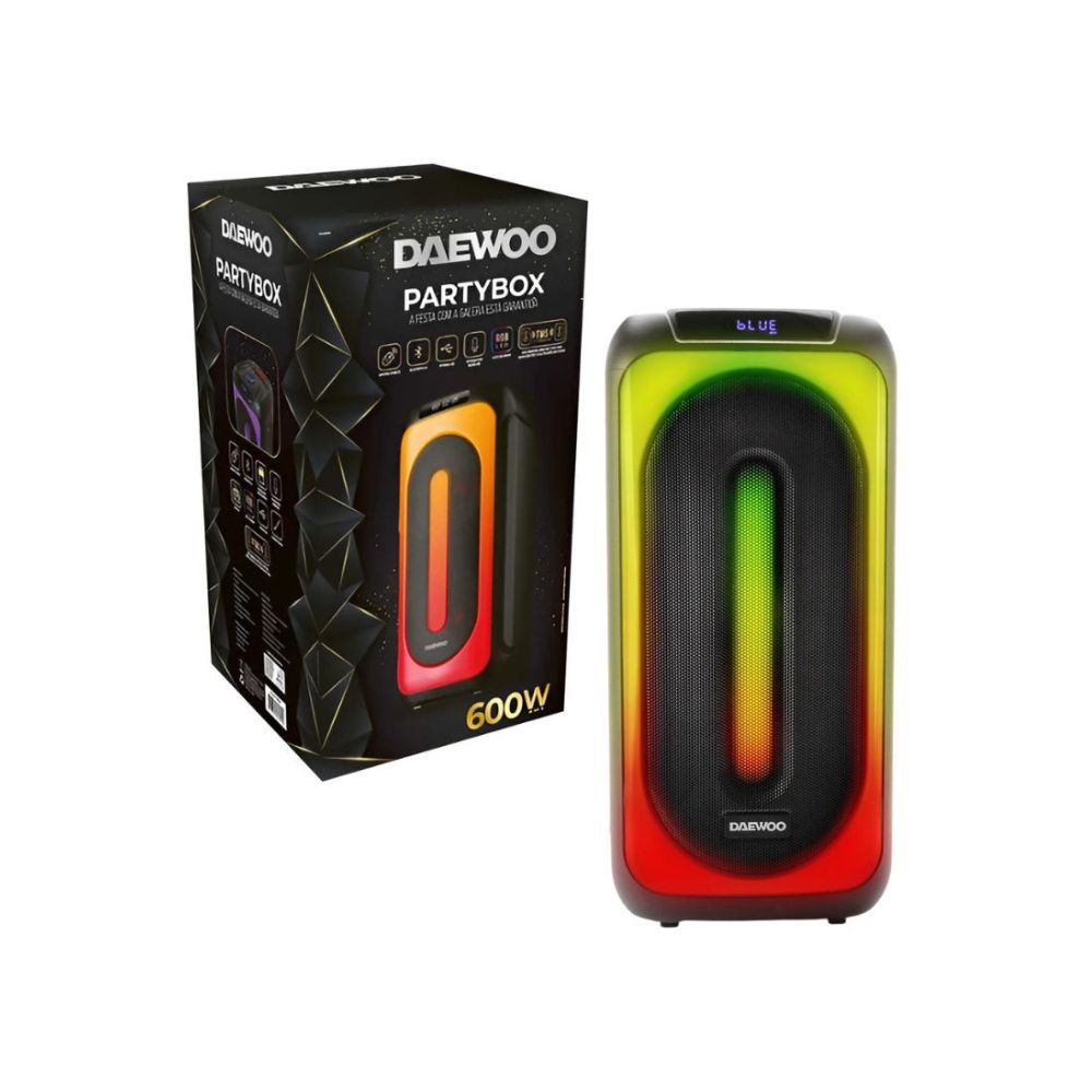 Caixa Amplificada de Som Portátil 600w Rms Bluetooth TWS Led Bivolt Rádio FM Daewoo Partybox