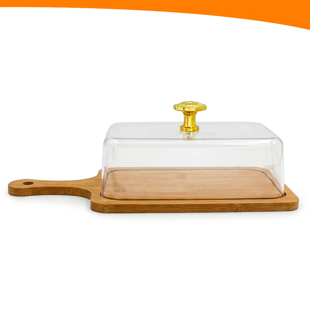Bandeja Porta Frios Com Tampa Acrílica 26cm Bambu Porta Queijo Café da Manhã Cozinha